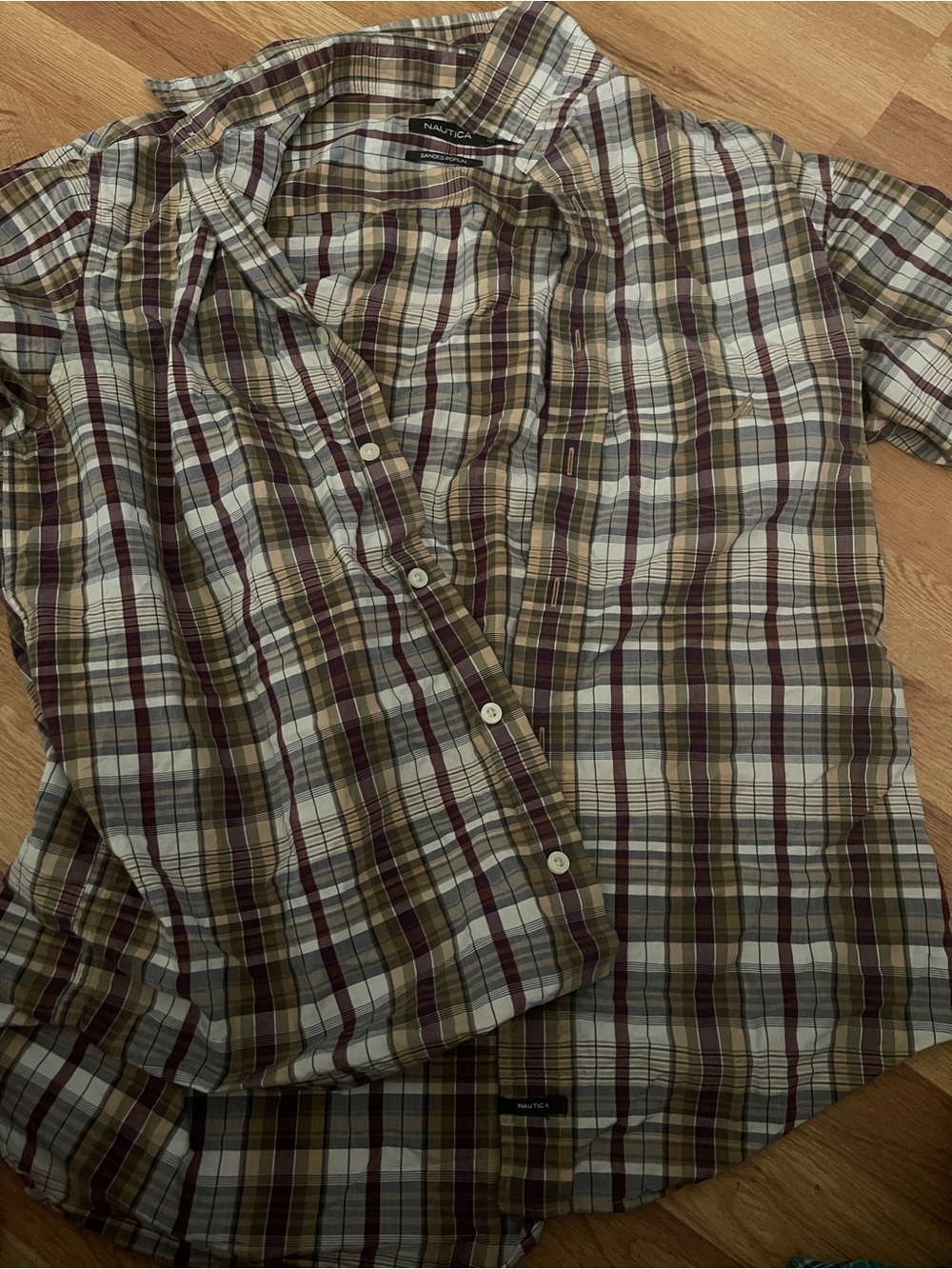 Nautica Plaid Button-Down Shirt in Cream, Brown & Burgundy Tones
